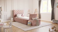 Zestaw: łóżko tapicerowane Viana z pojemnikiem na zabawki Vali 